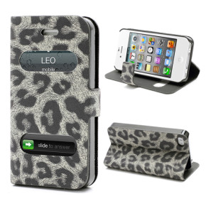 Луксозен кожен калъф тефтер стойка S-View за Apple iPhone 4 /Apple iPhone 4S сив леопард